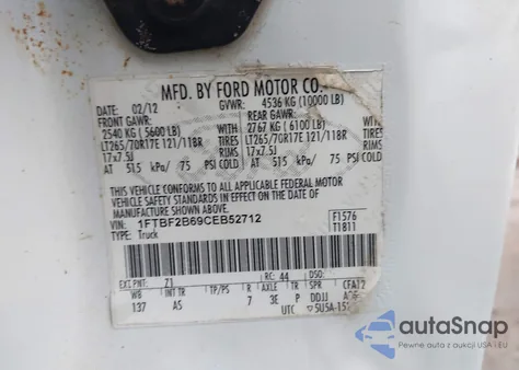 2012 Ford F-250 Xl z USA, uszkodzony, nr VIN 1FTBF2B69CEB52712